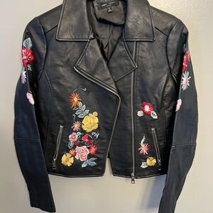 Romeo & Juliet Couture Black Leather Jacket with Floral Embroidery